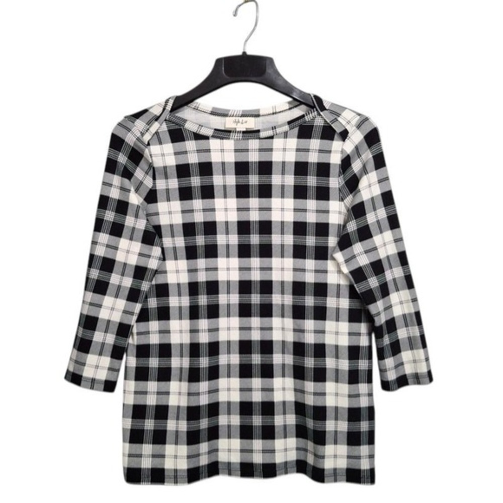 Style Co Womens‎ T-Shirt M Black White Pima Cotton Boat Neck 3/4 Sleeve Plaid